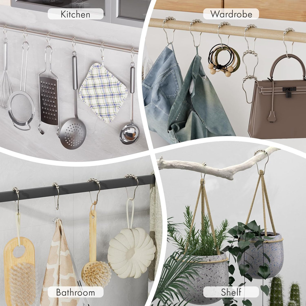 Premium Stainless Steel Shower Curtain Hooks With Polished Nickel Finish, Rustproof And Heavy Duty, Smooth Gliding Design, Set Of 12